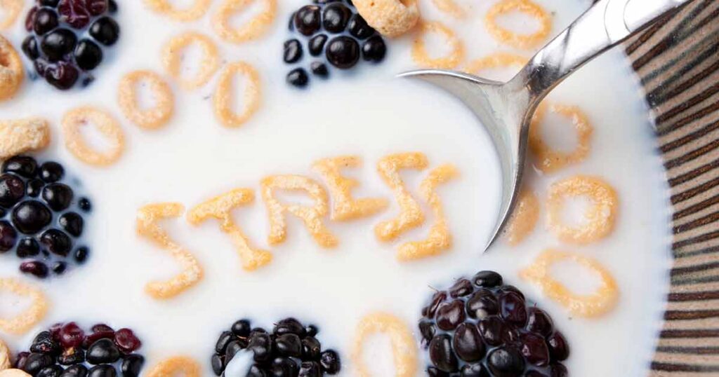 Primer plano de un tazón de cereales con letras y frambuesas. La palabra que se lee en la cuchara es "stress" (estrés).