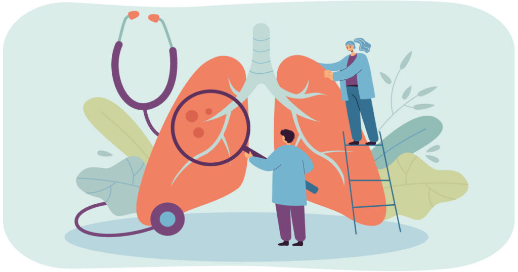 Concepto de ilustración de un equipo de neumología trabajando en unos pulmones. Los médicos son muy pequeños y están examinando diferentes partes de los pulmones.