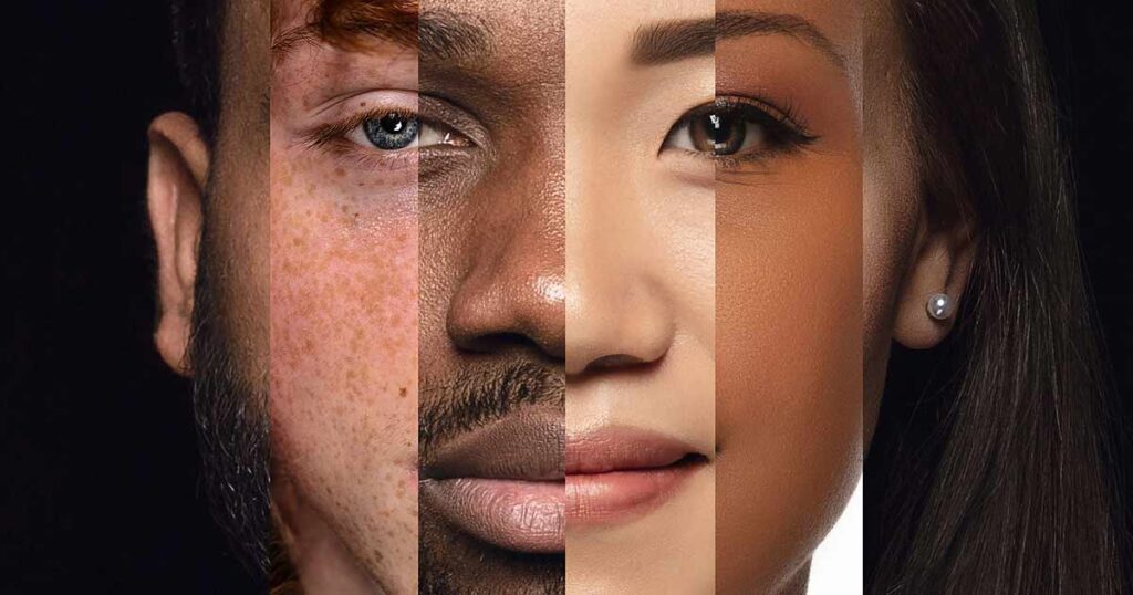 Composición fotográfica de una cara creada con diversidad étnica y de género.
