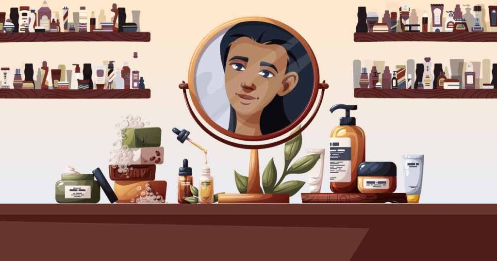 Ilustración de un tocador con productos de belleza. Un espejo redondo muestra el reflejo de una persona con cabello largo. Los estantes al fondo albergan varias botellas y recipientes. El tocador exhibe jabones, cremas y un frasco dosificador.