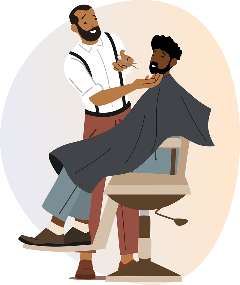 Un barbero está recortando la barba de un cliente en un sillón de barbería. El barbero viste camisa blanca y tirantes, mientras que el cliente está cubierto con una capa. Se encuentran en una barbería de estilo moderno y elegante.