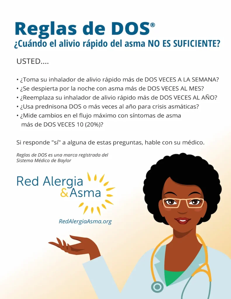 Un cartel médico titulado "Reglas de DOS" enumera preguntas sobre los síntomas del asma y el uso de medicamentos, y presenta una médica ilustrada con gafas y un estetoscopio en la parte inferior derecha.