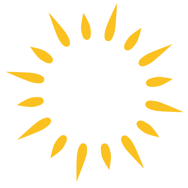 A stylized yellow sun shape with teardrop-like rays arranged in a circle on a light gray background; the center is empty, creating a sunburst effect.