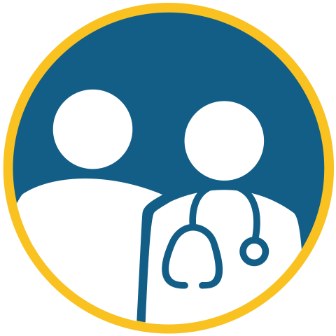 Icono que muestra dos figuras simplificadas —una de ellas con un estetoscopio—, que representan a un profesional de la salud y a un paciente, dentro de un círculo azul perfilado en amarillo.