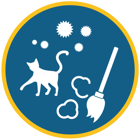 Un icono circular azul con un borde amarillo que muestra la silueta blanca de un gato, una escoba, nubes de polvo y alérgenos flotantes, simbolizando la caspa de las mascotas o la limpieza posterior a ellas.