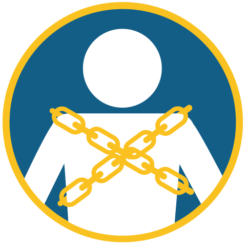 Una figura blanca simplificada con cadenas amarillas cruzadas sobre el pecho, dentro de un círculo azul con un borde amarillo, que simboliza restricción o confinamiento.