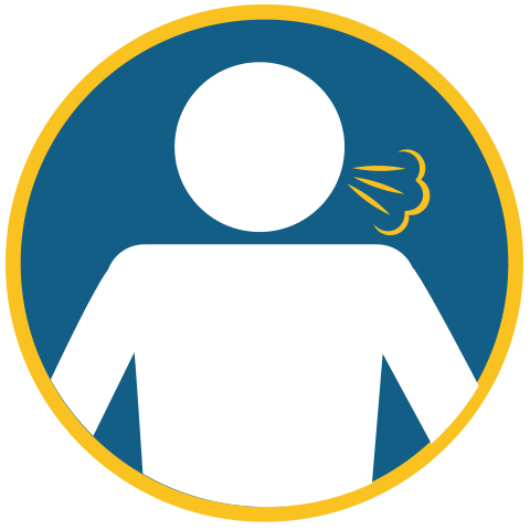 Un gráfico sencillo de una persona exhalando o expulsando aire, representado por una figura blanca con una bocanada de aire ilustrada cerca de su boca, sobre un fondo circular azul con un borde amarillo.