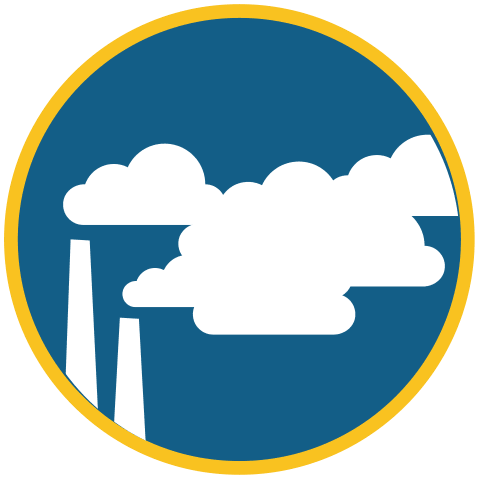 Un icono circular con fondo azul y borde amarillo que muestra dos chimeneas blancas emitiendo nubes, representando la contaminación atmosférica o las emisiones industriales.