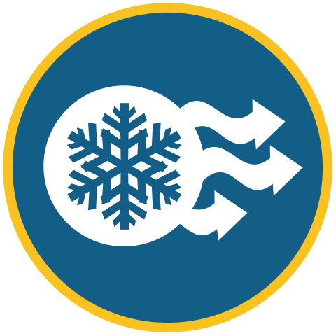 Un círculo azul con un borde amarillo contiene un copo de nieve blanco y tres flechas blancas que apuntan hacia la derecha, representando aire frío o aire acondicionado.